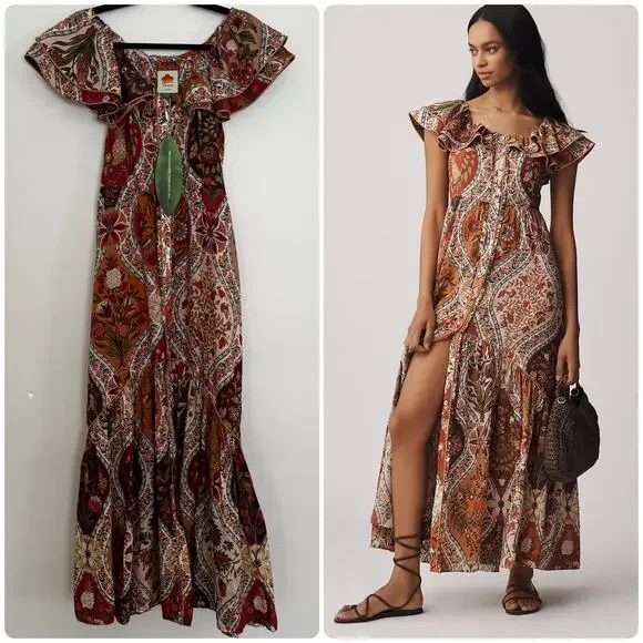 Farm Rio Romantic Nature Multicolor Off-The-Shoulder Ruffle Midi Dress - Picture 1 of 9